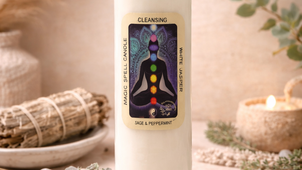 Sage cleansing candle with white jasper crystals, infused with sage and peppermint, styled in a calm boho ritual setting