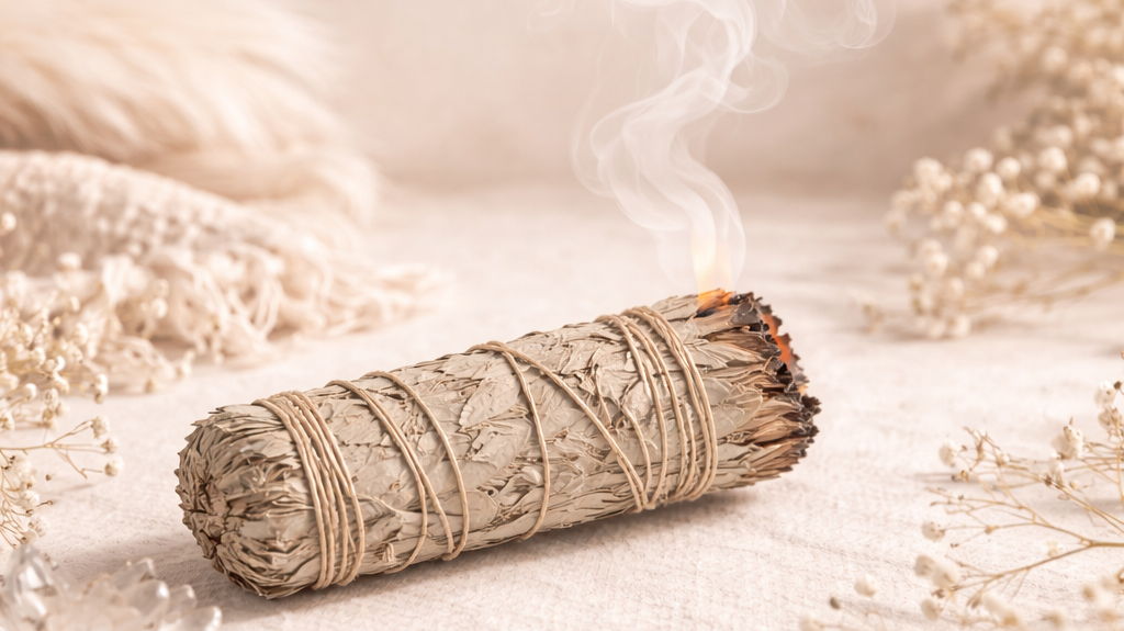 Burning sage smudge stick lying flat on a cream linen surface with soft smoke rising, styled in a neutral boho aesthetic.