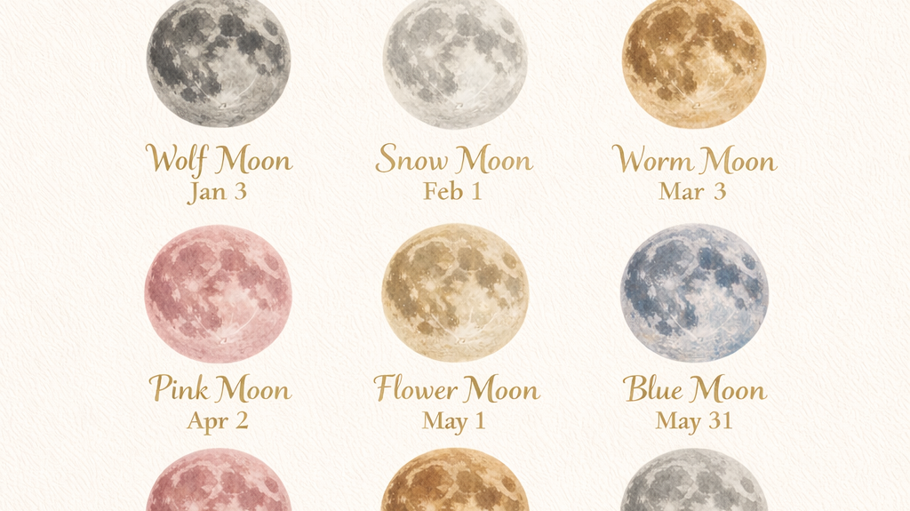 Minimalist full moon calendar for 2026 showing moon names and dates in gold on a cream background.