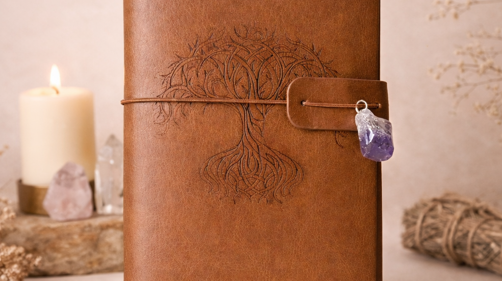 Brown leather Tree of Life manifestation journal with embossed tree design and amethyst crystal charm, styled for spiritual journaling.