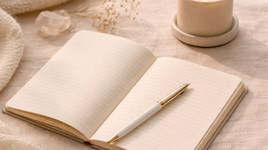 Square flat lay of an open cream journal with a pen, a lit white candle, and soft neutral fabrics on a beige background, creating a calm and reflective setting for intuition and journaling.