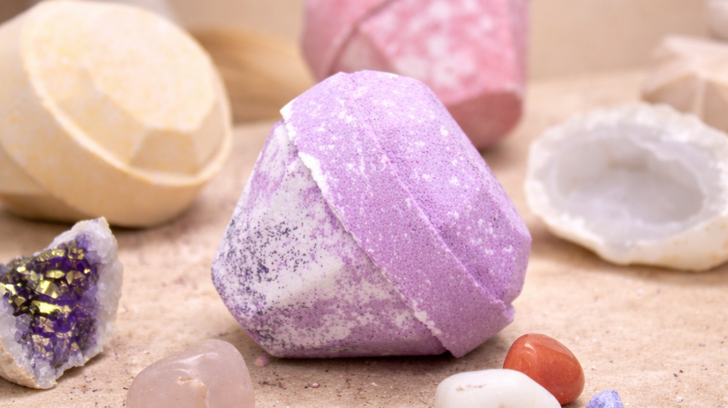 Hidden crystal diamond bath bombs photographed together, designed for a luxury self-care bath ritual.