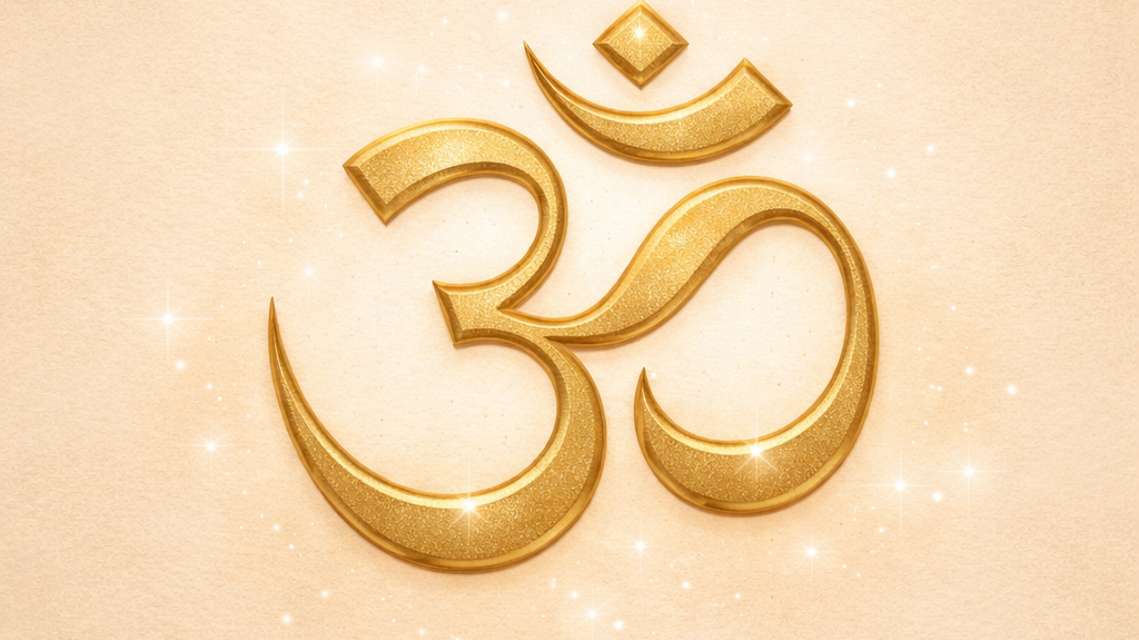 Gold Om (Aum) symbol with a subtle metallic sheen on a soft beige background, representing spiritual unity, meditation, and universal consciousness.