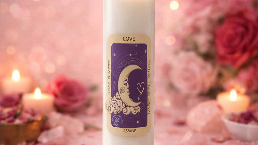 Love spell candle lit and glowing, decorated with heart symbols in a calm romantic ritual setting.