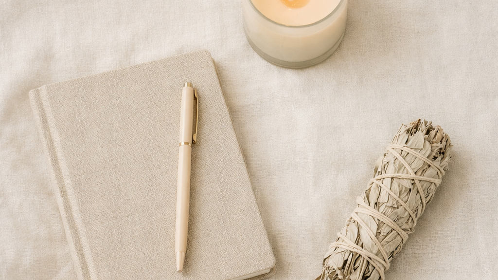 Flat lay of a cream journal, a white candle, and a sage smudge stick arranged on a soft beige fabric background, creating a calm and beginner-friendly spiritual setting.