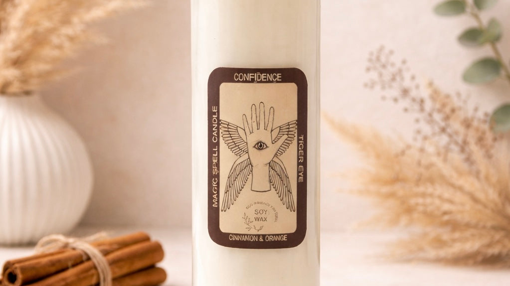 A boho-style confidence ritual candle made with soy wax, tiger’s eye crystal and cinnamon, displayed on a soft beige background with natural dried grasses.