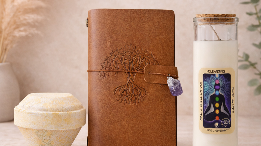 Boho spiritual flat lay with a lit candle and neutral journal on a linen surface, creating a calm and mindful atmosphere