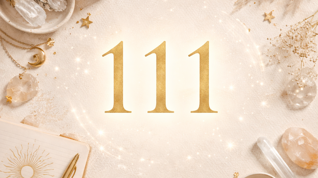 Angel number 111 in gold on a soft cream background with spiritual elements symbolising manifestation and new beginnings