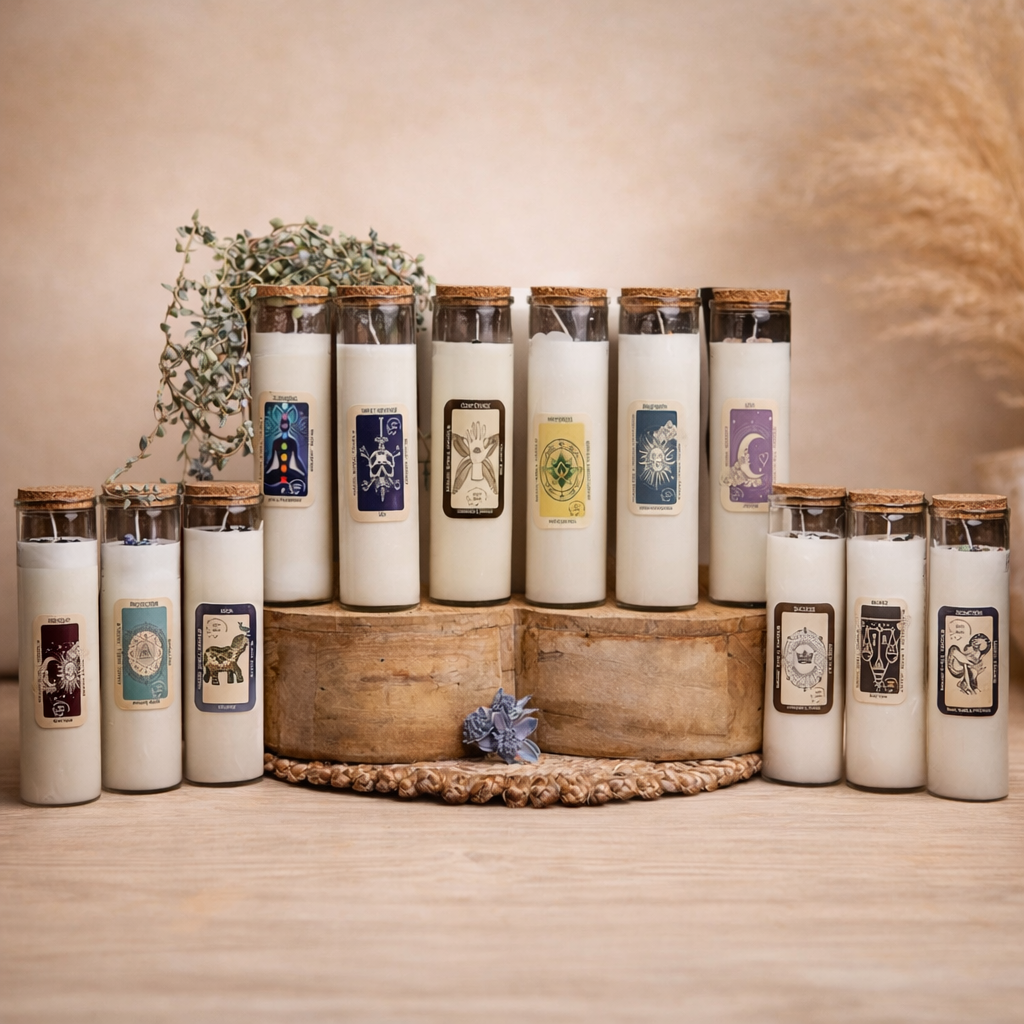 Hand-poured crystal candles in glass jars with cork lids, styled in a neutral bohemian setting