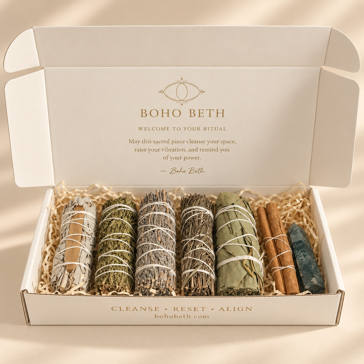 Boho Beth Energy Cleansing Ritual Box presented with cream and gold ritual instruction card