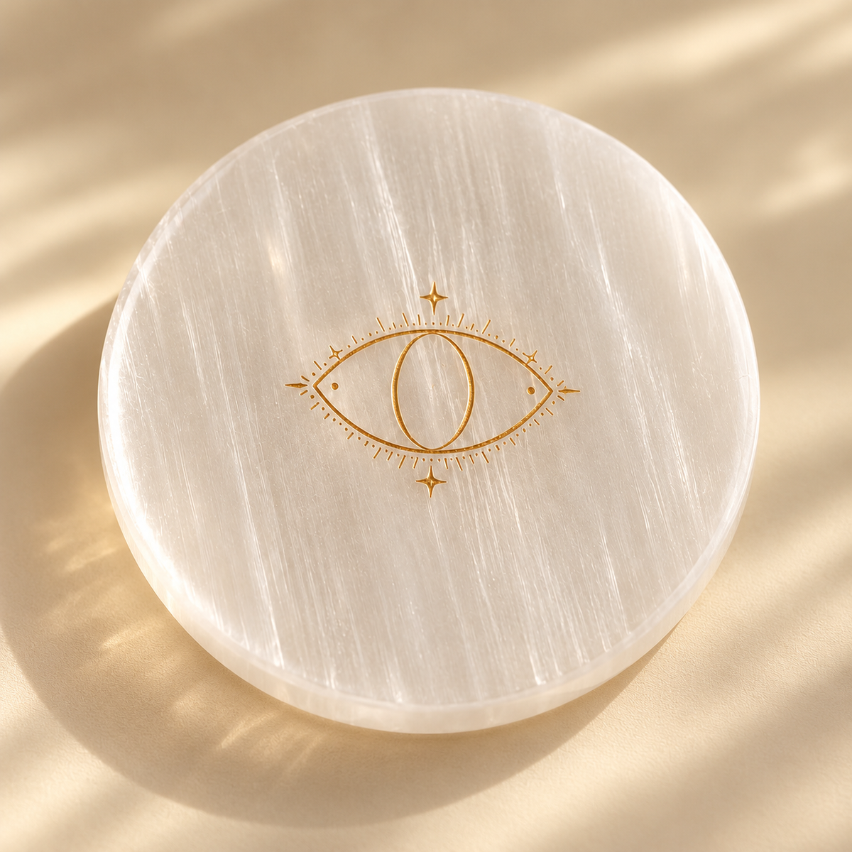 Boho Beth selenite charging plate with a gold sacred eye design, showing its natural white crystal texture on a soft cream background.