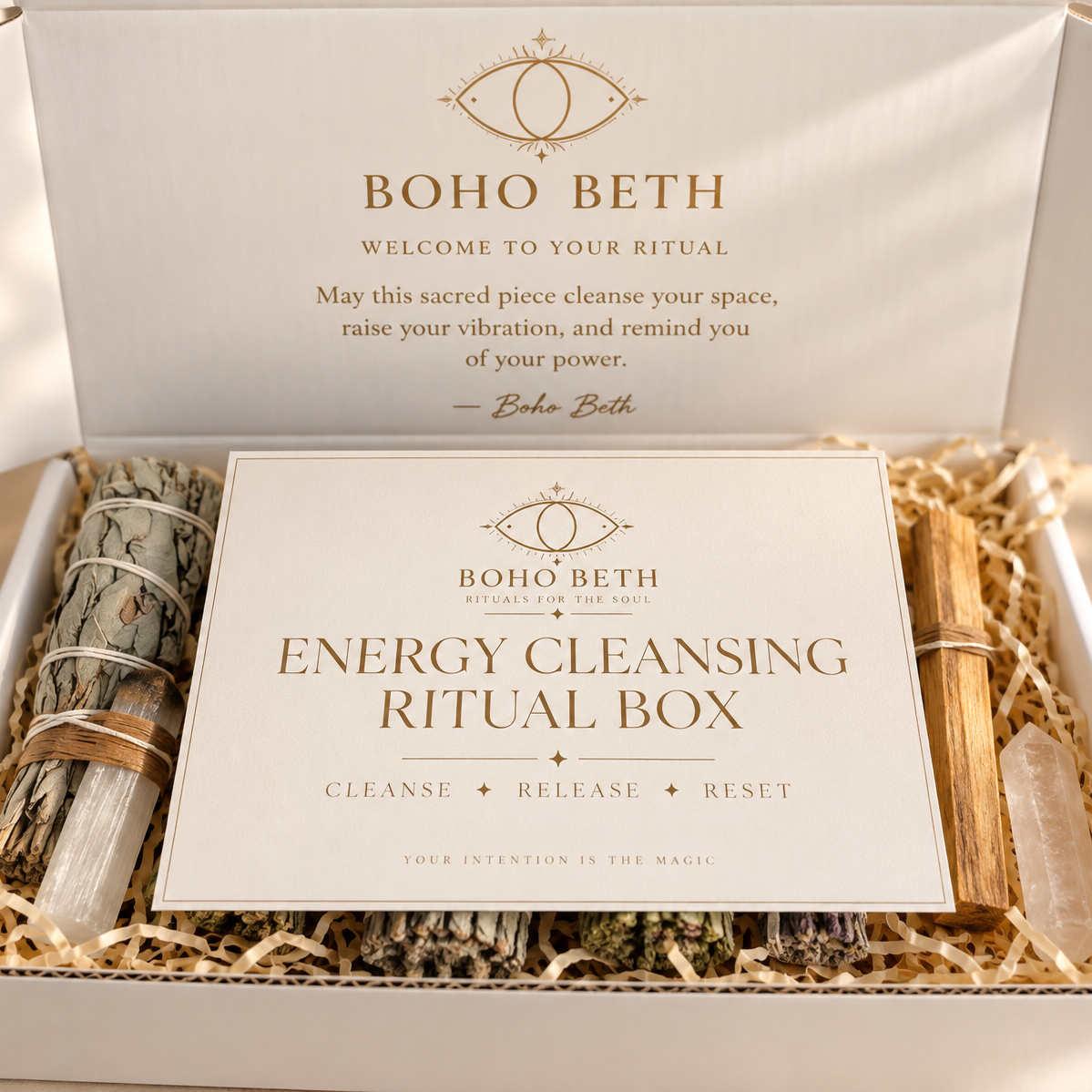 Boho Beth Energy Cleansing Ritual Box presented with cream and gold ritual instruction card