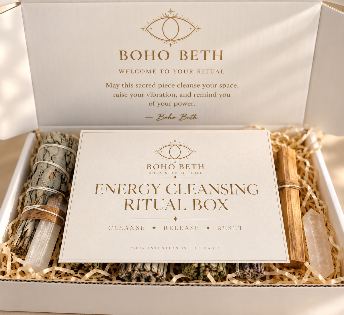 Boho Beth Energy Cleansing Ritual Box presented with cream and gold ritual instruction card