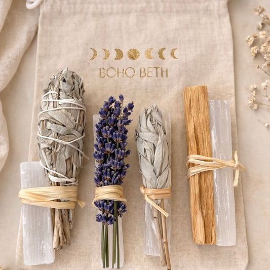 Boho Beth sage cleansing bundle with white sage, lavender smudge stick, palo santo and selenite sticks for spiritual home energy cleansing ritual