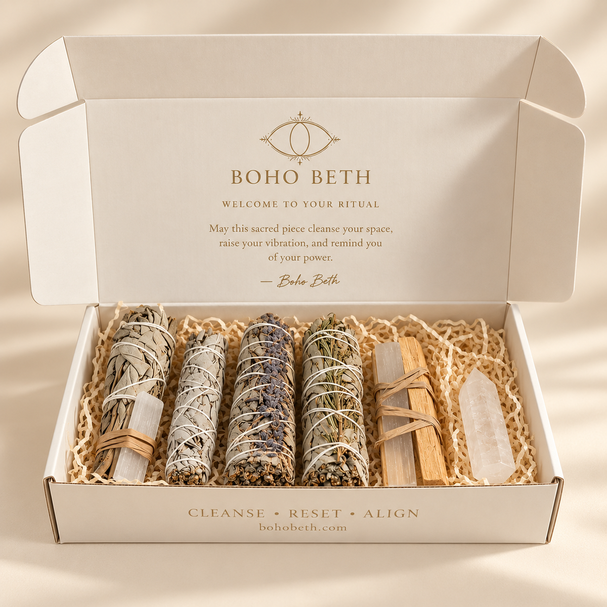 Open Boho Beth Energy Cleansing Ritual Box with sage bundles, Palo Santo, selenite and clear quartz crystal
