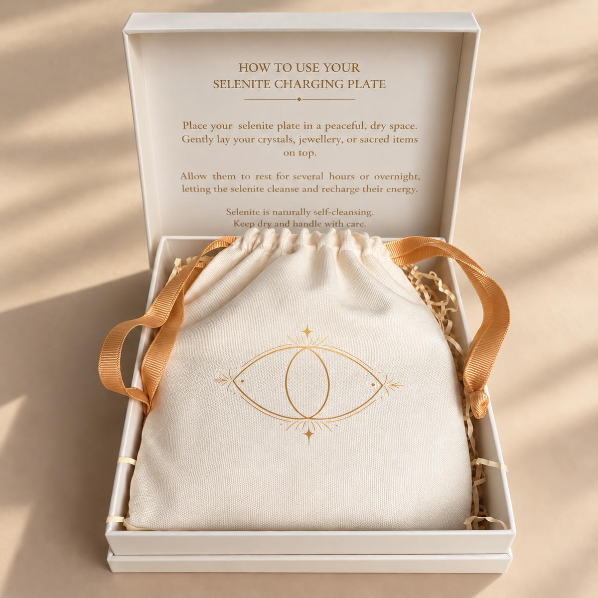 Selenite charging plate resting on a cream pouch with gold ribbon inside an open gift box.