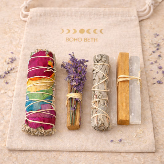 Boho Beth chakra cleansing bundle with chakra sage smudge stick, lavender bundle, palo santo wood and selenite crystals for spiritual cleansing ritual