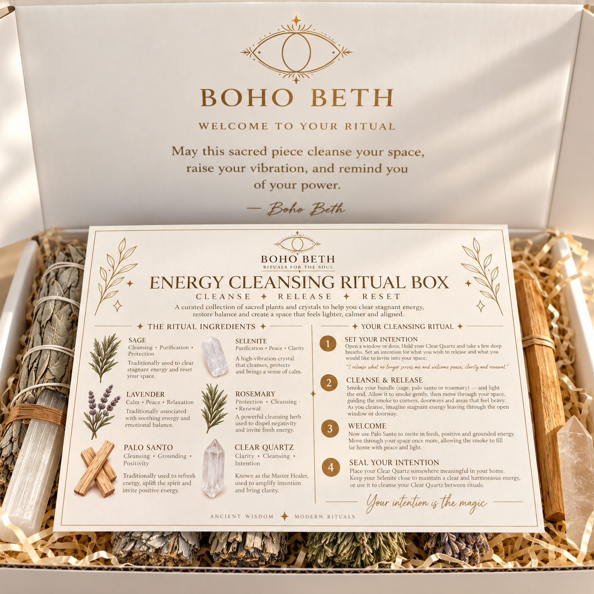 Energy cleansing ritual box with illustrated guide to sage, selenite, lavender, rosemary, Palo Santo and clear quartz