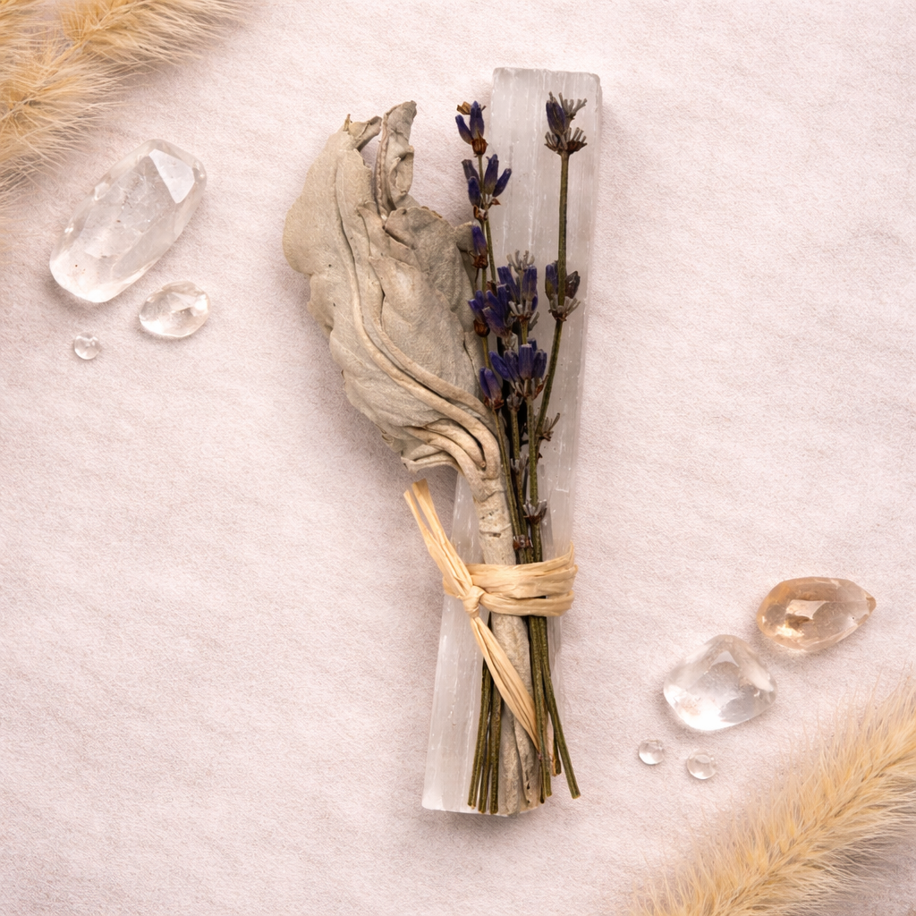 Boho Beth Sage and Selenite dried lavender tied with twine background with crystals and feathers.