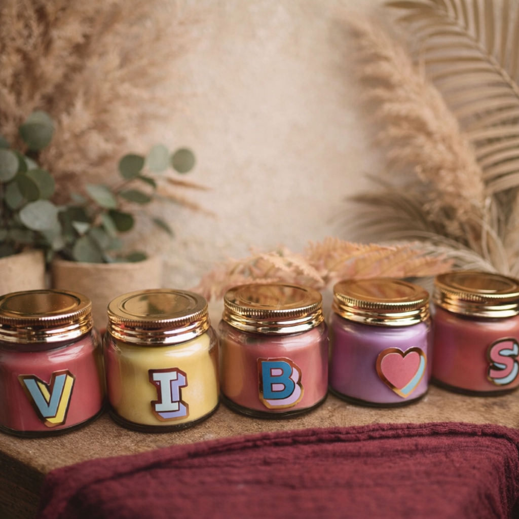 Personalised colour pop letter candle jars spelling vibes and retro embossed design