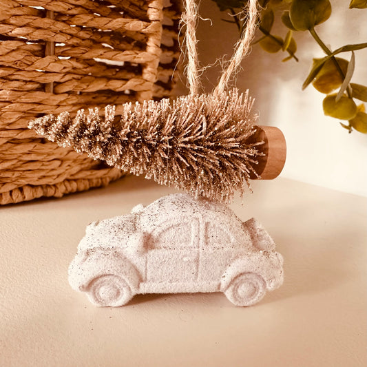 White VW Beetle Gold Christmas Tree Bauble
