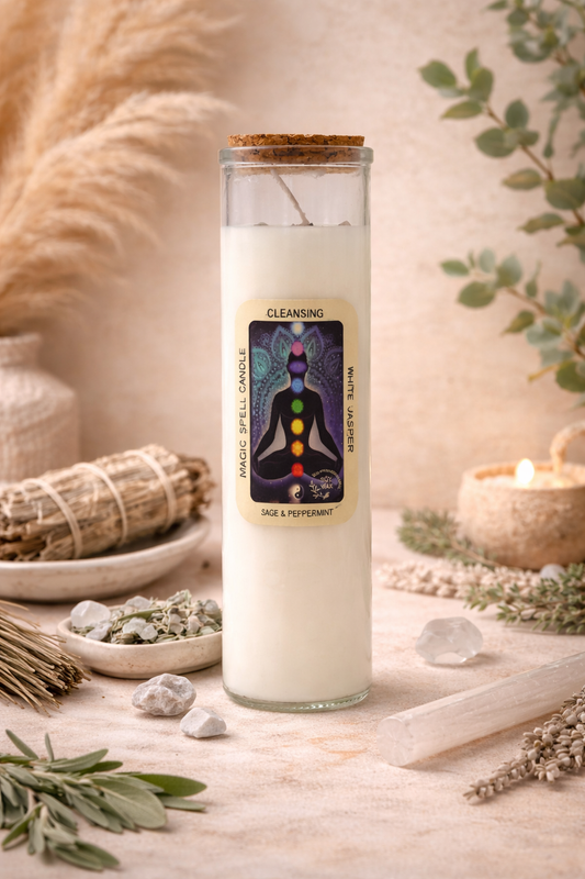 Sage cleansing candle with white jasper crystals, infused with sage and peppermint, styled in a calm boho ritual setting