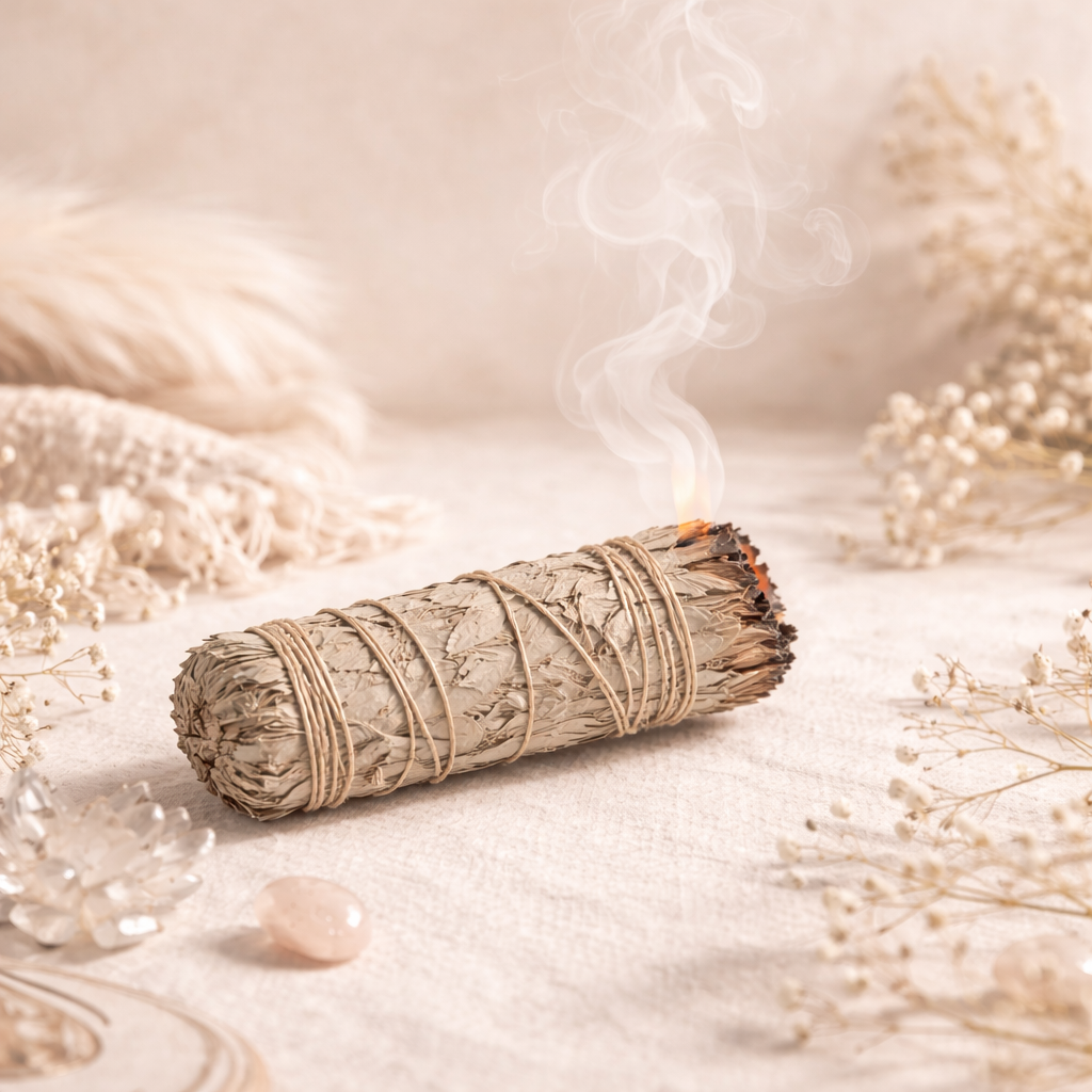 Burning sage smudge stick lying flat on a cream linen surface with soft smoke rising, styled in a neutral boho aesthetic.