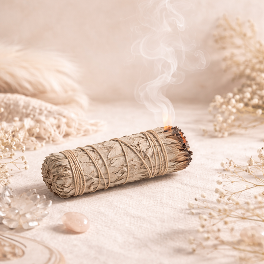 Burning sage smudge stick lying flat on a cream linen surface with soft smoke rising, styled in a neutral boho aesthetic.