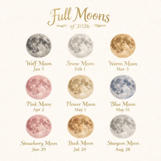 Minimalist full moon calendar for 2026 showing moon names and dates in gold on a cream background.