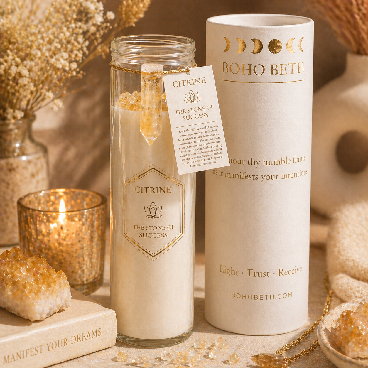Boho Beth citrine crystal candle with summer garden scent in luxury cream and gold packaging, styled for abundance, success and manifestation rituals
