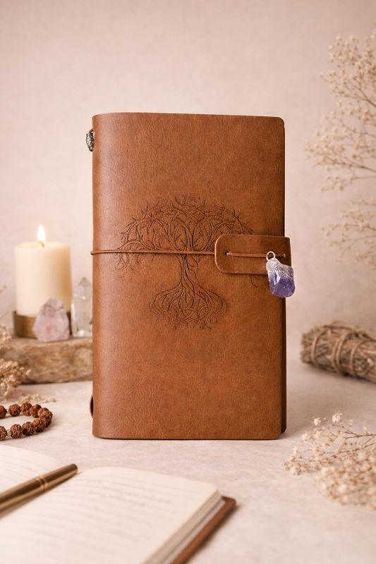 Brown leather Tree of Life manifestation journal with embossed tree design and amethyst crystal charm, styled for spiritual journaling.