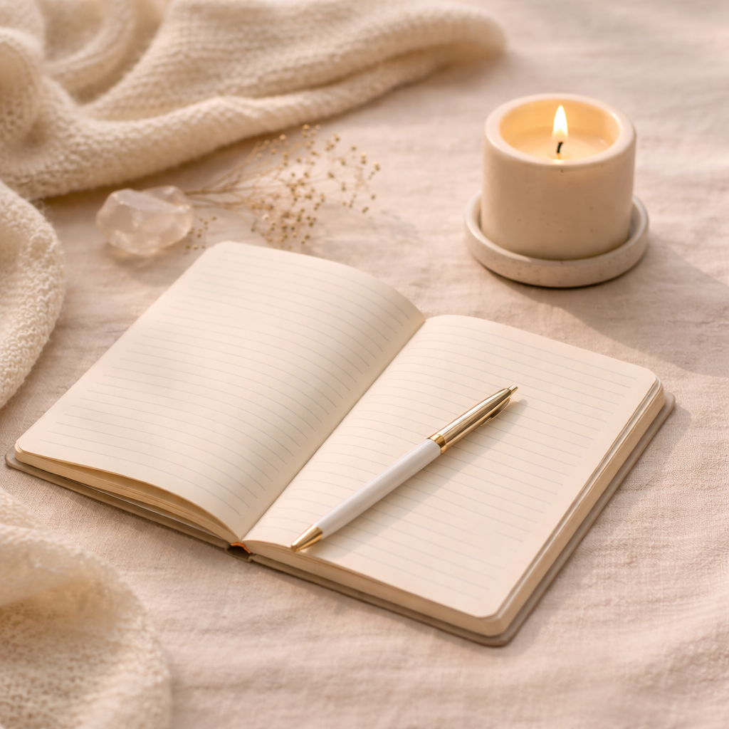 Square flat lay of an open cream journal with a pen, a lit white candle, and soft neutral fabrics on a beige background, creating a calm and reflective setting for intuition and journaling.
