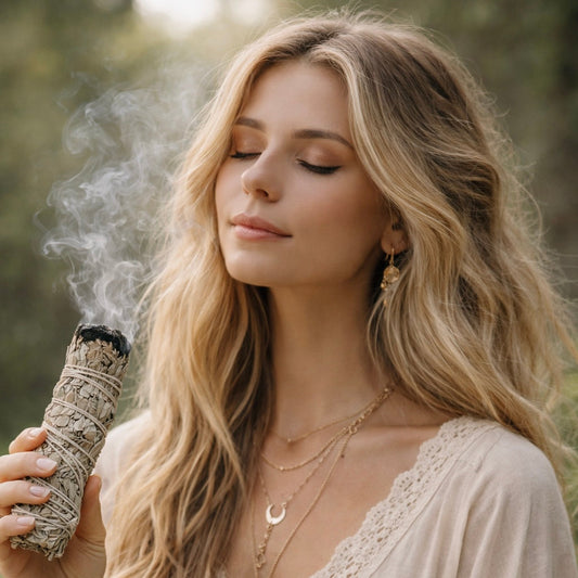 Blonde bohemian woman wearing a cream lace top holds a white sage smudge stick with eyes closed, performing an energy cleansing ritual outdoors surrounded by nature.