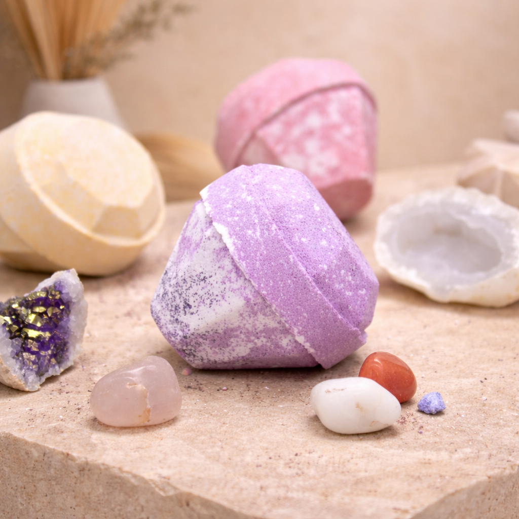 Hidden crystal diamond bath bombs photographed together, designed for a luxury self-care bath ritual.