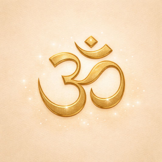 Gold Om (Aum) symbol with a subtle metallic sheen on a soft beige background, representing spiritual unity, meditation, and universal consciousness.