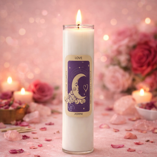 Love spell candle lit and glowing, decorated with heart symbols in a calm romantic ritual setting.