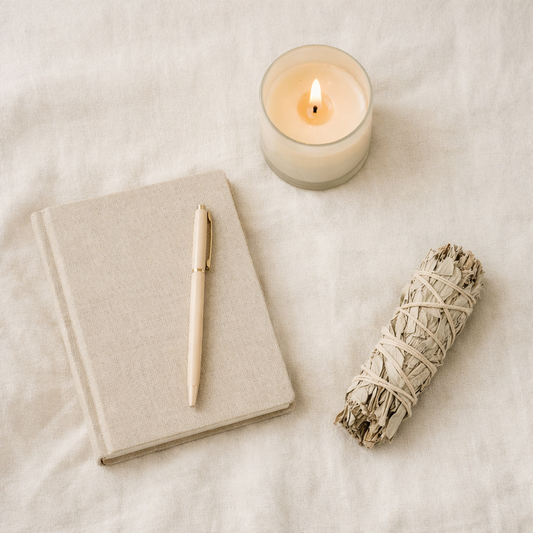 Flat lay of a cream journal, a white candle, and a sage smudge stick arranged on a soft beige fabric background, creating a calm and beginner-friendly spiritual setting.