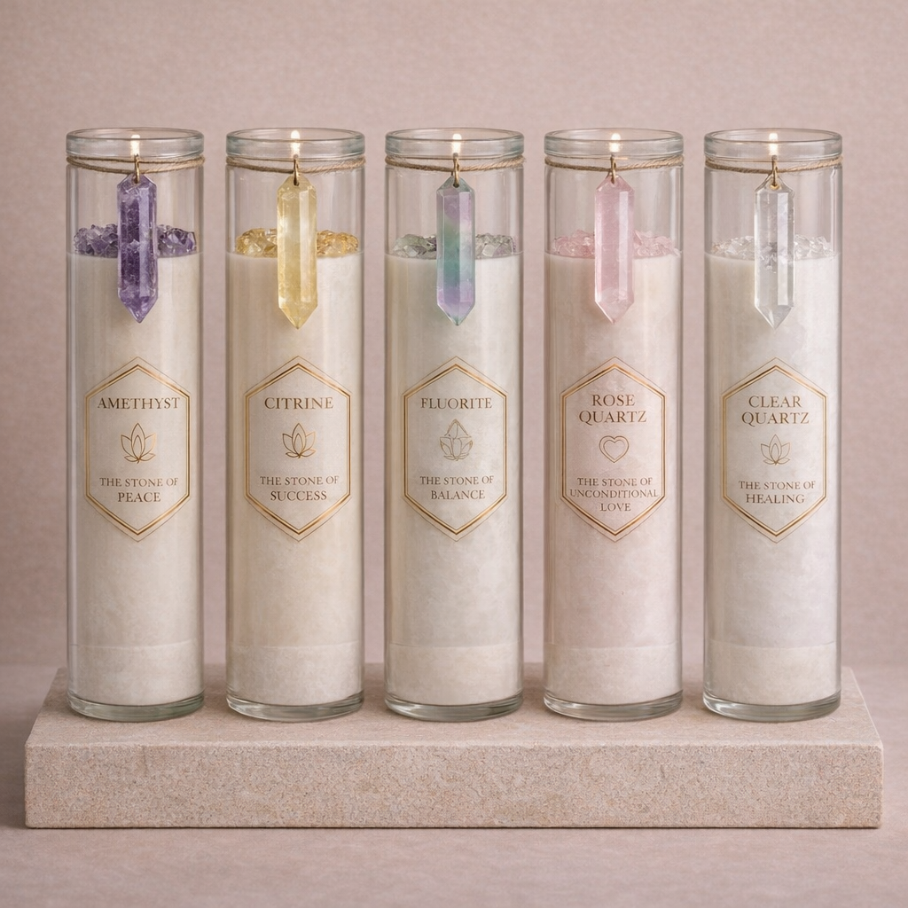 Boho Beth Sacred Stone candle collection featuring crystal intention candles with amethyst, citrine, fluorite, rose quartz and clear quartz on a neutral beige luxury background