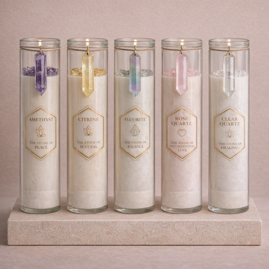 Boho Beth Sacred Stone candle collection featuring crystal intention candles with amethyst, citrine, fluorite, rose quartz and clear quartz on a neutral beige luxury background