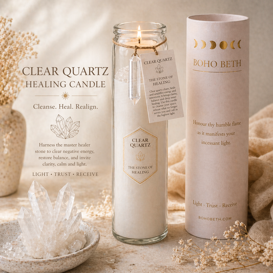 Boho Beth clear quartz healing candle in tall glass jar with crystal charm and luxury tube packaging, neutral boho background