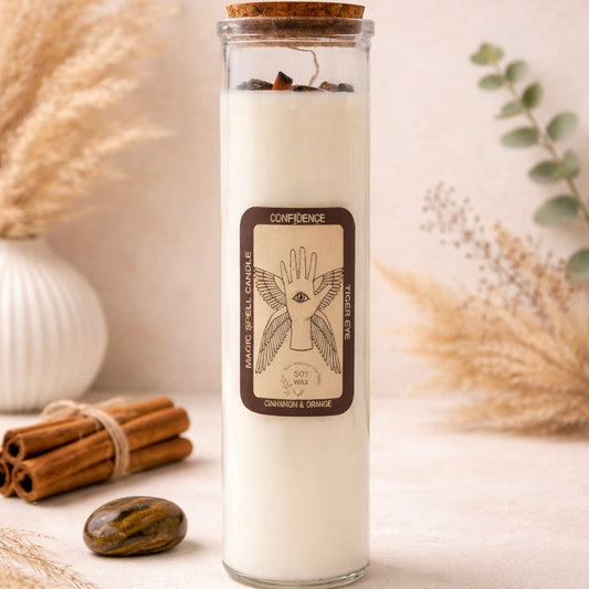 A boho-style confidence ritual candle made with soy wax, tiger’s eye crystal and cinnamon, displayed on a soft beige background with natural dried grasses.