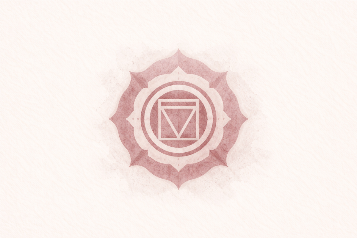 Muted root chakra symbol in soft red tones on a cream background, representing blocked or imbalanced energy.