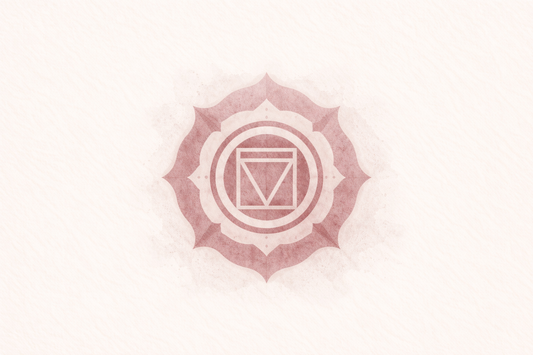 Muted root chakra symbol in soft red tones on a cream background, representing blocked or imbalanced energy.