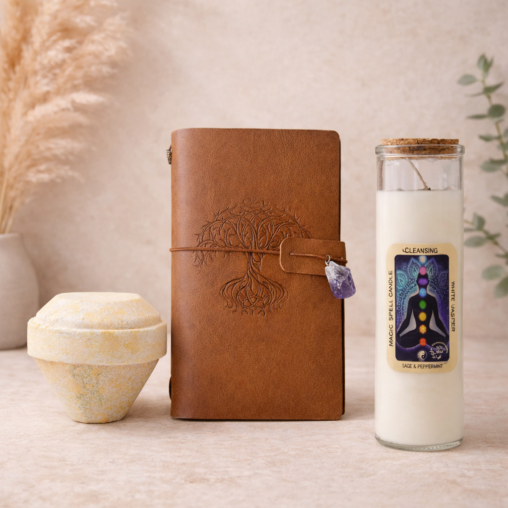 Boho spiritual flat lay with a lit candle and neutral journal on a linen surface, creating a calm and mindful atmosphere