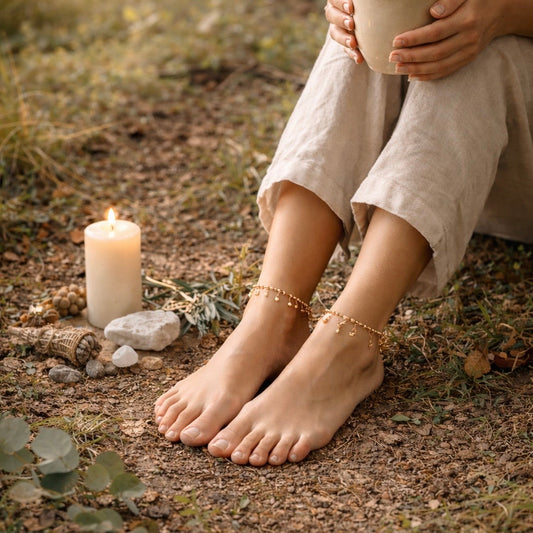 Bohemian-style bare feet wearing gold anklets touching natural earth, representing grounding, presence, and connection to the body and nature.