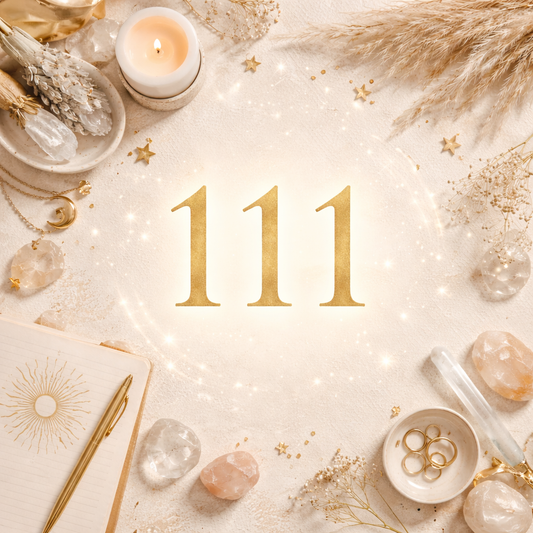 Angel number 111 in gold on a soft cream background with spiritual elements symbolising manifestation and new beginnings