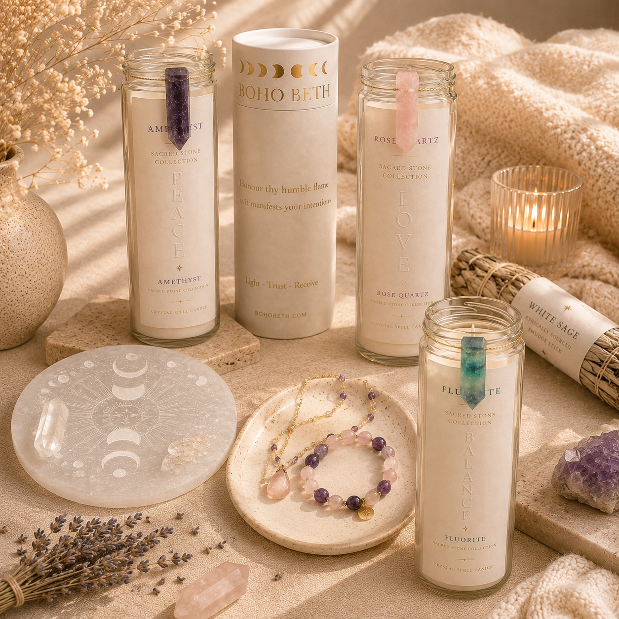 New arrivals bohemian spiritual products including candles journals and bath bombs