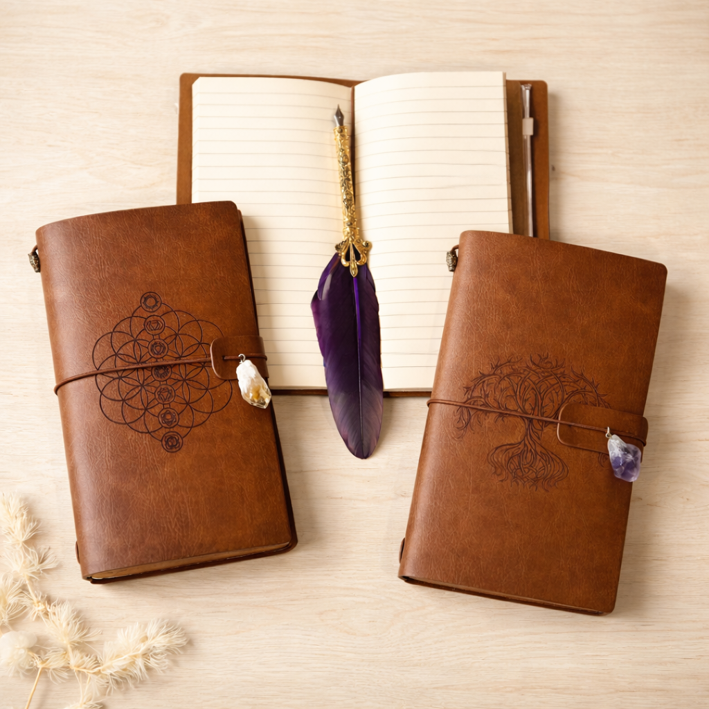 Leather journals for manifestation and mindful living bohemian flatlay