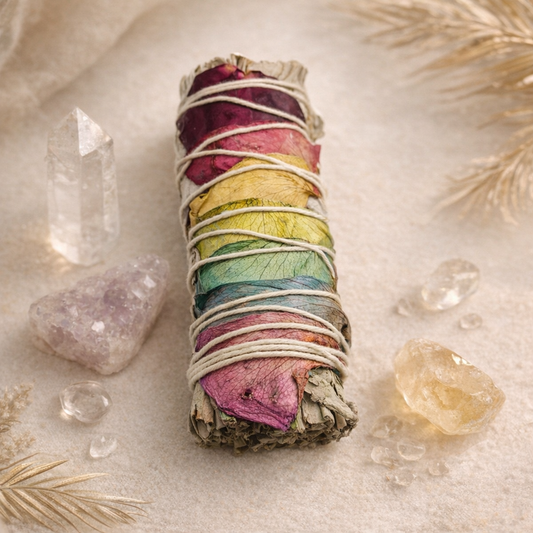 Boho Beth chakra energy smudge stick made with white sage and rainbow chakra petals for energy cleansing and spiritual rituals