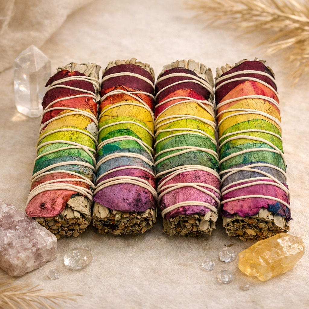 Boho Beth chakra smudge stick with sage bundle surrounded by crystals for chakra balancing and home energy cleansing decor